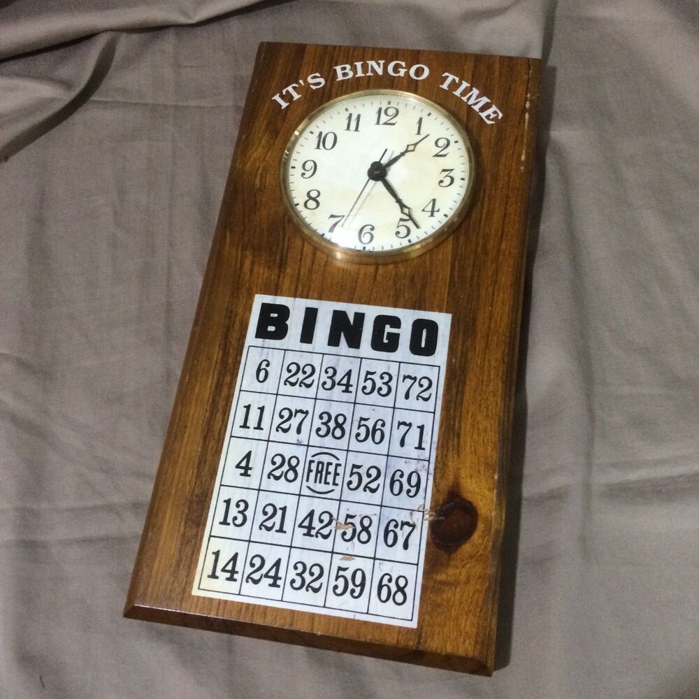 It's Bingo Time Vintage Wood Wall Clock Bingo Card Plaque Works 11x5.5